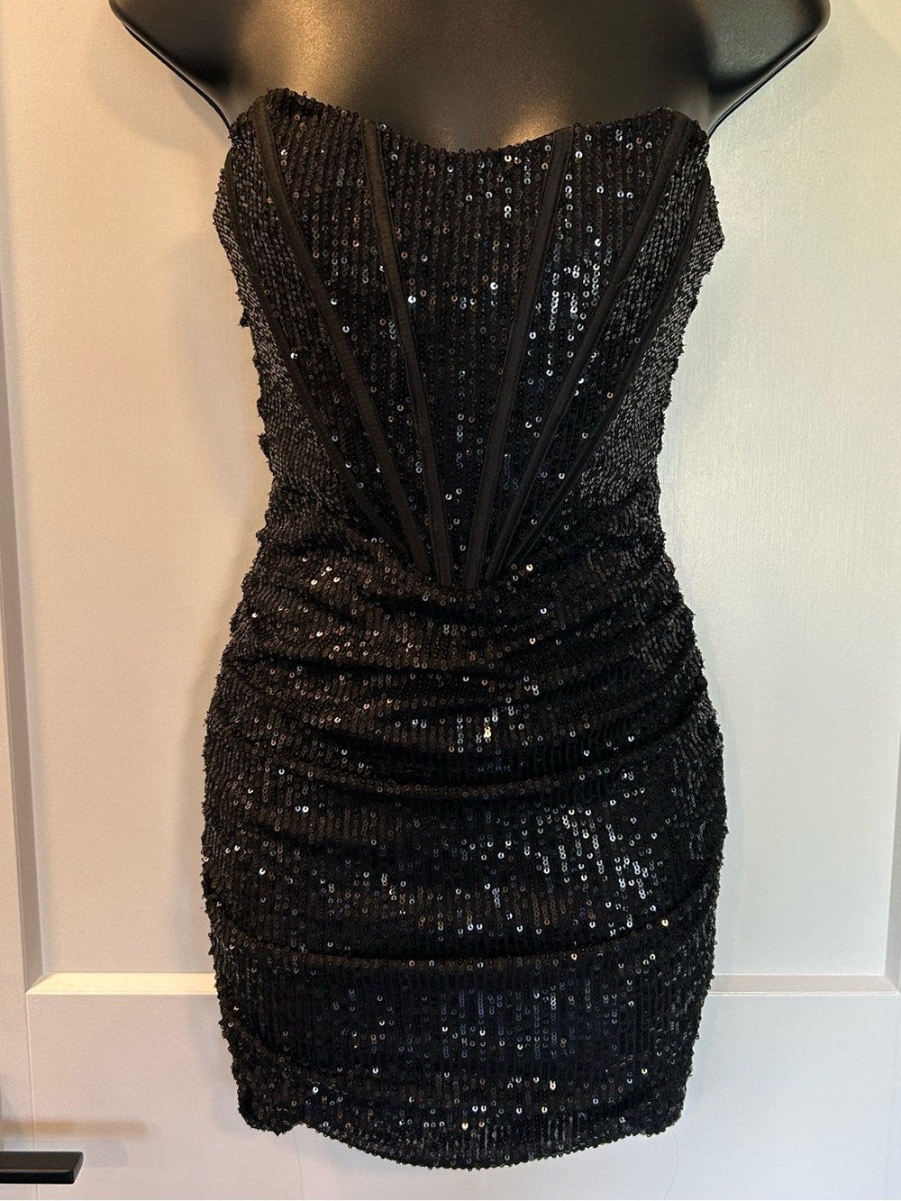 Black Strapless Sequin Ruched Mini Dress